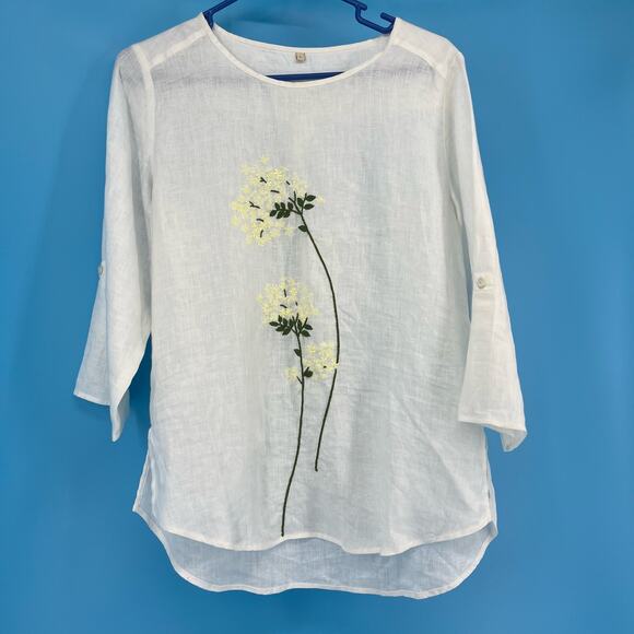 White Linen Floral Embroidered Tunic Blouse Top (S) - Picture 3 of 10